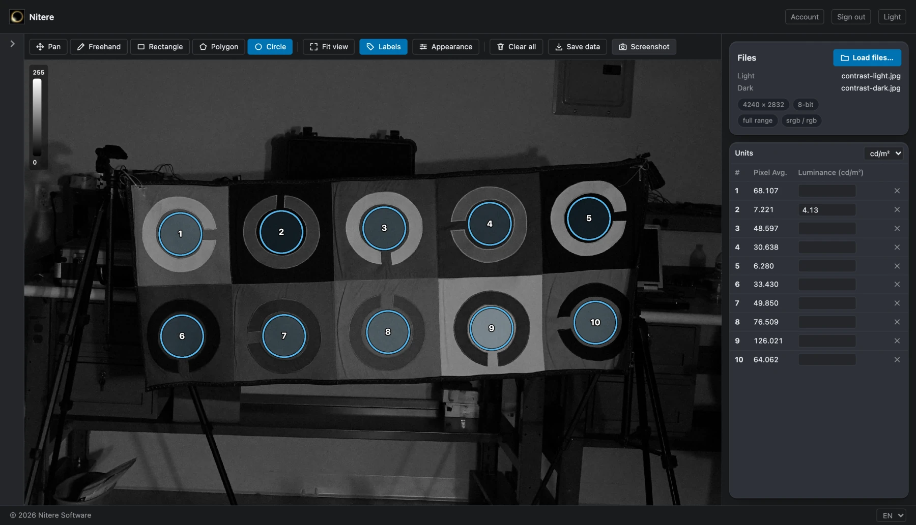 Nitere's dataset screen: ten circular regions of interest numbered one to ten over a greyscale calibration target, beside a table of their pixel averages awaiting reference luminances.